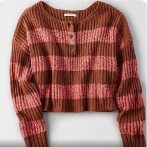 American Eagle Striped Cropped Henley Sweater Brown Pink S